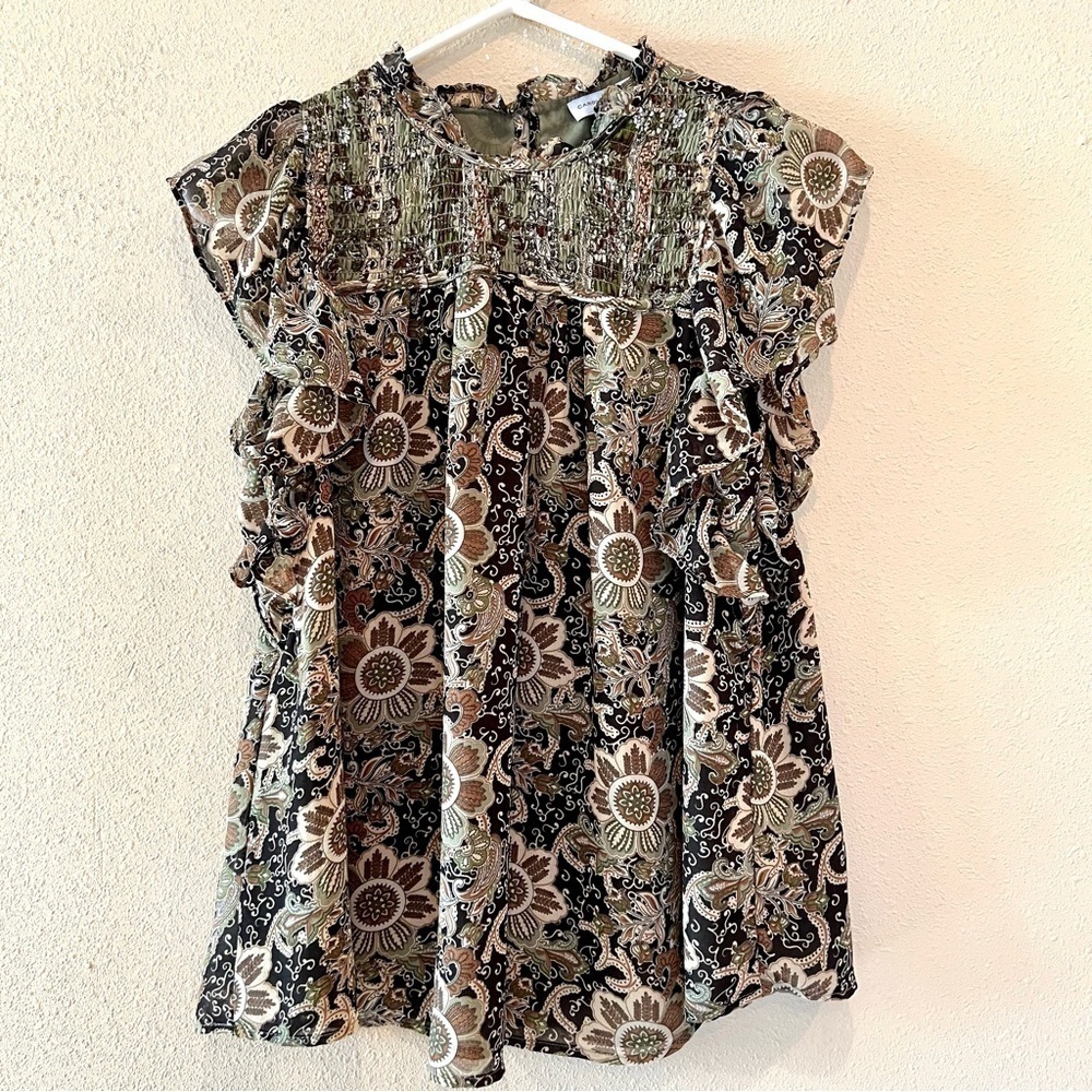 Carolina Belle Women's M Green Brown Floral Paisley Ruffle Blouse cottagecore